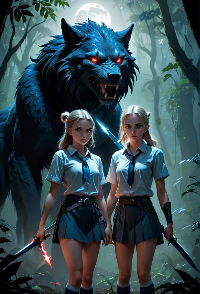 A dramatic, cinematic nighttime scene in a mysterious jungle, where a pair of 20-year-old twins, unexpectedly revealed as magical warriors, stand valiant and ready to face a pack of menacing wolf-like monsters. The twin brother, a charismatic hero, is dressed in his  - a crisp half-sleeve shirt, a tie knotted neatly around his neck, and a pair of shorts with socks pulled up to his knees, an odd juxtaposition against the backdrop of the wild. His sister, equally fierce and nimble, wears a short-sleeved shirt and a mini skirt that allows for swift movement as she wields her magical red glowing bow, a quiver of arrows slung over her shoulder. The siblings' eyes are locked onto the snarling beasts that prowl around them, their gazes filled with determination and a hint of surprise. The brother, armed with a majestic blue glowing sword, holds it aloft, the blade casting eerie shadows and a comforting light in the surrounding darkness. The monsters, with fur bristling and eyes aglow with malicious intent, encircle the duo, their massive forms weaving in and out of the dense foliage. The air is thick with tension as the twins stand back to back, their trust in each other unshaken. The magical aura of their weapons illuminates the scene, creating an ethereal dance of light and shadow that pierces the inky blackness of the jungle night. The twins' school emblem, a symbol of knowledge and unity, gleams faintly on the brother's shirt, serving as a stark reminder of the world they left behind to embrace their extraordinary destinies. Despite the danger, there's a sense of unity and unyielding spirit between them, hinting at the deep bond that fuels their courage. The scene is framed with an overhanging canopy of leaves, the moon peeking through to cast a silvery glow on the battle about to unfold, as the twins prepare to unleash their arcane powers to protect their realm from the encroaching horrors of the night.