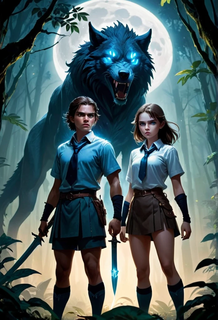 A dramatic, cinematic nighttime scene in a mysterious jungle, where a pair of 20-year-old twins, unexpectedly revealed as magical warriors, stand valiant and ready to face a pack of menacing wolf-like monsters. The twin brother, a charismatic hero, is dressed in his  - a crisp half-sleeve shirt, a tie knotted neatly around his neck, and a pair of shorts with socks pulled up to his knees, an odd juxtaposition against the backdrop of the wild. His sister, equally fierce and nimble, wears a short-sleeved shirt and a mini skirt that allows for swift movement as she wields her magical red glowing bow, a quiver of arrows slung over her shoulder. The siblings' eyes are locked onto the snarling beasts that prowl around them, their gazes filled with determination and a hint of surprise. The brother, armed with a majestic blue glowing sword, holds it aloft, the blade casting eerie shadows and a comforting light in the surrounding darkness. The monsters, with fur bristling and eyes aglow with malicious intent, encircle the duo, their massive forms weaving in and out of the dense foliage. The air is thick with tension as the twins stand back to back, their trust in each other unshaken. The magical aura of their weapons illuminates the scene, creating an ethereal dance of light and shadow that pierces the inky blackness of the jungle night. The twins' school emblem, a symbol of knowledge and unity, gleams faintly on the brother's shirt, serving as a stark reminder of the world they left behind to embrace their extraordinary destinies. Despite the danger, there's a sense of unity and unyielding spirit between them, hinting at the deep bond that fuels their courage. The scene is framed with an overhanging canopy of leaves, the moon peeking through to cast a silvery glow on the battle about to unfold, as the twins prepare to unleash their arcane powers to protect their realm from the encroaching horrors of the night.