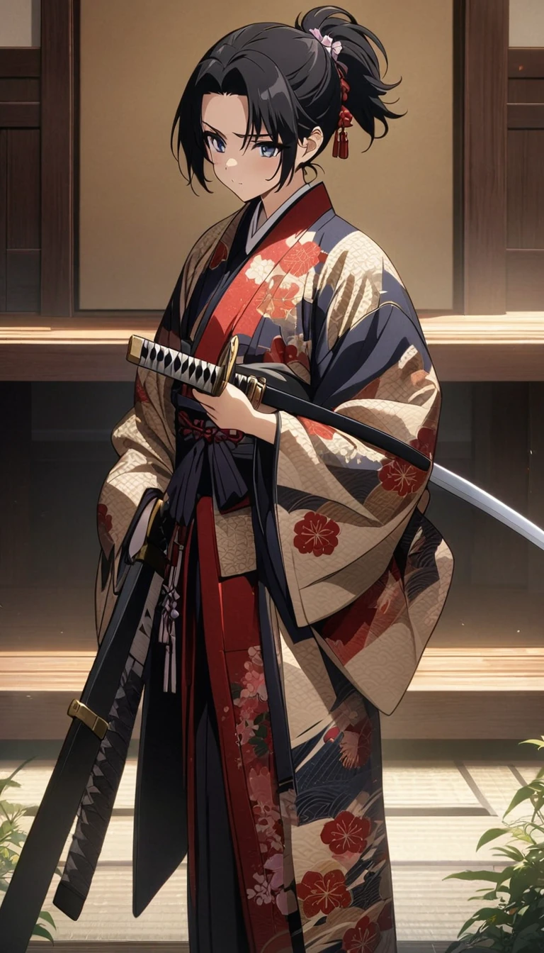 black hair, short ponytail, anime, masterpiece, accurate, textured skin, high quality, high details, best quality, super detail, Young samurai, (solo), Japanese sword, wearing kimono, (Holding a Japanese sword), A 25-year-old from the Edo period, Japanese, Flower pattern kimono, whole body, Cut with a Japanese sword