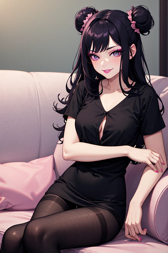 masterpiece, best quality, high quality, 4k, highres, anime, 1girl, 19 years old, purple eyes, colored lips, purple lips, pink eyeliner, makeup, long black hair with hair buns, pink bows on hair, smirk, white blouse, short sleeves, black pantyhose, pantsushot, on the sofa, sexy