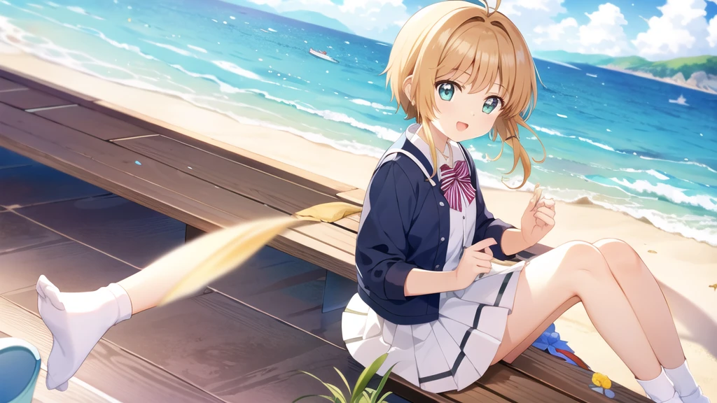masterpiece, Highest quality, wallpaper,  One girl, alone,summer服を着た, socks, Both sides up, summer、Seaside