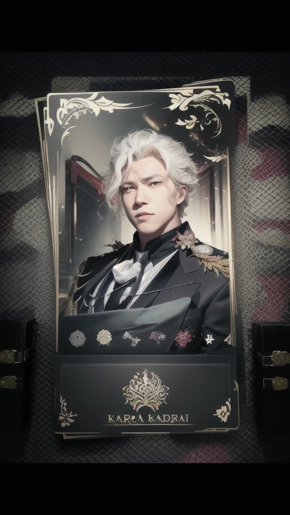 Realistic Handsome card with a picture of a man in a suit, jujutsu kaisen, [ tarot card ]!!!!!, nagito komaeda, inspired by Kamisaka Sekka, ! baron harkonnen!, trigger anime artstyle, handsome guy in demon slayer art, main character, name of the character is chad, main character center focus, [ shards