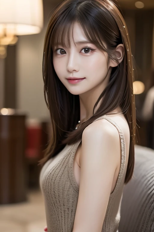 sfw、japanese01、((8ｋ))、 Best quality images、 (((Luxury hotel lobby))）,Chic dress, Sitting with good posture、（Looking at the audience）,, Straight Long Hair、Light Brown Hair,japaneese、28 years old、necklace、Professional Lighting、High-definition hair、The upper body is visible、Looking down a little、Enter、jpgirlEnter2、jpgirlEnter3.0、Saito、japanese01