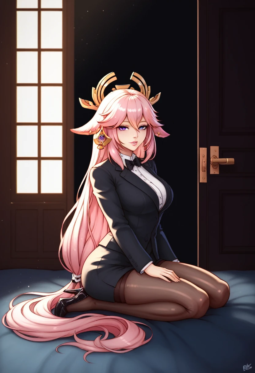 Character Yae Miko from Genshin Impact, full body (1.1), dark background, darkness, correct anatomy (1.1), correct hand anatomy, very feminine, beautiful figure, legs, beautiful body, white hair, very detailed, detailed body, detailed hands, detailed eyes, super fine illustration, best shading, fine detail, beautiful detailed glow, beautiful detail, extraordinarily beautiful, extremely detailed, ((artwork)), ((high resolution)), ((best quality)), extremely fine and beautiful, super fine illustration, (realistic skin), (incredibly detailed anime eyes), vivid and beautiful, shocking sensation, incredibly detailed, beautiful detailed girl, flexible breasts, front view, facing the viewer, (transparent: 0.5), (very long hair), profile, sitting, wide hips, cinematic lighting, perfect shadow, realistic shaded lighting, HDR, soft light, ((best quality)), ((artwork)), (detailed), dark theme, subtle, door, looking at the viewer, slightly parted lips, torso, dark background, black suit, wearing black business suit.