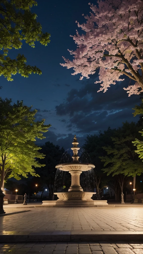 A beautiful square at dusk, with flowering trees, a central fountain and wooden benches."