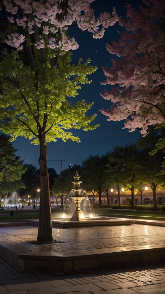 A beautiful square at dusk, with flowering trees, a central fountain and wooden benches."