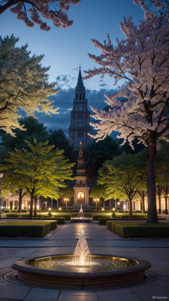 A beautiful square at dusk, with flowering trees, a central fountain and wooden benches."