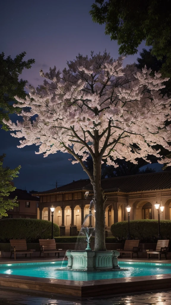 A beautiful square at dusk, with flowering trees, a central fountain and wooden benches."