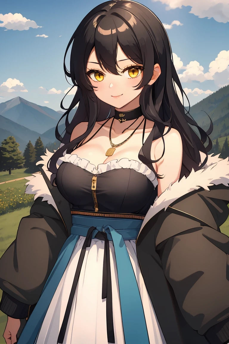 (masterpiece:1.2), (high quality:1.2), hui xiyi, rekkyo sensen, rekkyou sensen, (long wavy hair, one side up:1.45), solo focus, girls with((black hair, bare shoulders, breasts,choker, cleavage,coat,collar,collarbone,cowboy shot, dress, frills, fur, fur collar, fur trim, hood down, hooded jacket, hoodie, jacket, large breasts, long hair, long sleeves, belt, medium breasts, medium hair, necklace, open clothes, open hoodie, sleeveless, solo, winter clothes, zipper, upper body)), background with ((architecture, blue sky, bush, castle, village, no humans, cloud, cloudy sky, day, fence, field, garden, grass, hill, house, lamppost, landscape, mountain, mountainous horizon, nature, no humans, outdoors, scenery, shrine, sky, tower))