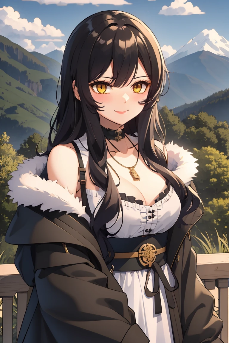 (masterpiece:1.2), (high quality:1.2), hui xiyi, rekkyo sensen, rekkyou sensen, (long wavy hair, one side up:1.45), solo focus, girls with((black hair, bare shoulders, breasts,choker, cleavage,coat,collar,collarbone,cowboy shot, dress, frills, fur, fur collar, fur trim, hood down, hooded jacket, hoodie, jacket, large breasts, long hair, long sleeves, belt, medium breasts, medium hair, necklace, open clothes, open hoodie, sleeveless, solo, winter clothes, zipper, upper body)), background with ((architecture, blue sky, bush, castle, village, no humans, cloud, cloudy sky, day, fence, field, garden, grass, hill, house, lamppost, landscape, mountain, mountainous horizon, nature, no humans, outdoors, scenery, shrine, sky, tower))