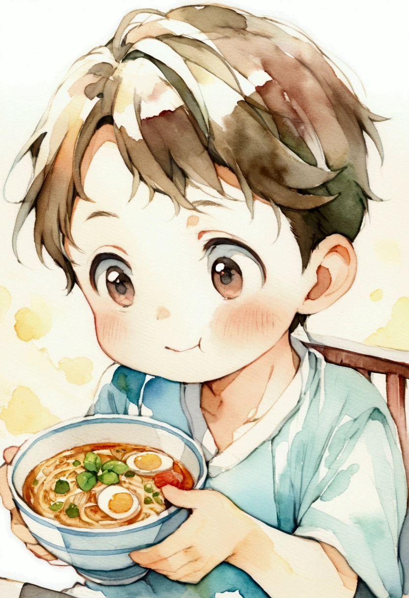 A boy around 4 years old eating ramen Picture books Watercolor