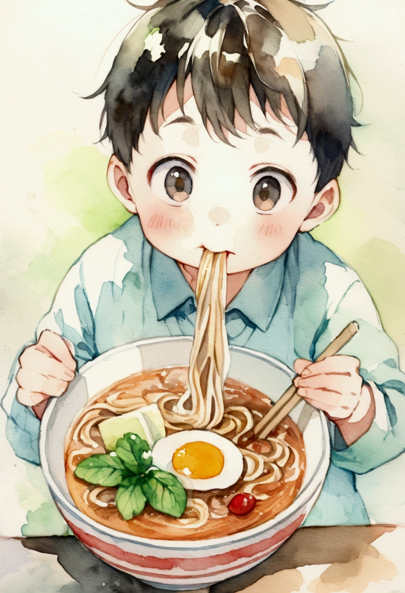 A boy around 4 years old eating ramen　Picture books　Watercolor