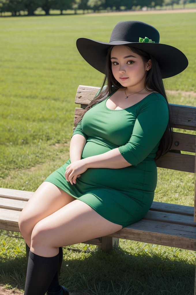 Chubby girl in a black hat, Brunetette, with a can of green beer, sitting on a bench on a farm lawn