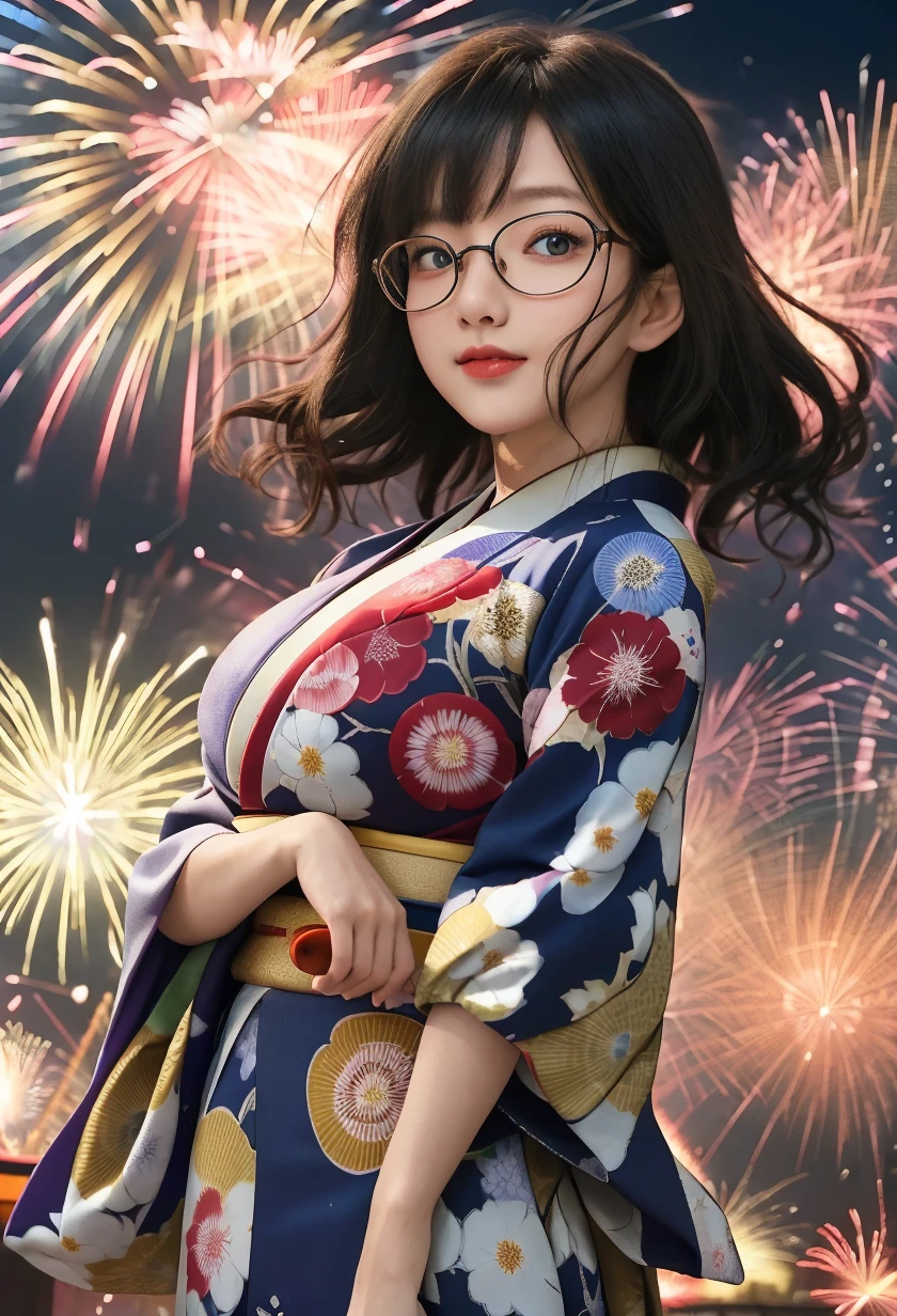 best quality, anime Seishun Buta Yarou series, character, Futaba Rio, glasses, gray half-up hair, colorful yukata, big fireworks