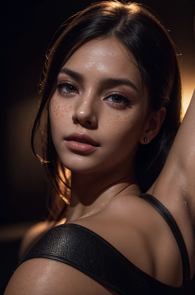 a photo of a seductive woman in a night club, dancing, she is wearing leggings, (textured skin, skin pores:1.1), (moles:0.8), imperfect skin, goosebumps, flawless face, (light freckles:0.9), ((photorealistic):1.1), (raw, 8k:1.3), very high contrast, interplay of light and shadows