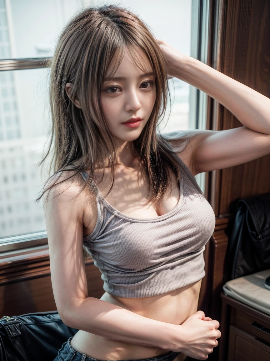 best quality, top quality, hyper detailed, detailed face, detailed eyes, perfect anatomy, highres, photo realistic, blurry background, natural make-up, Japanese beauty actress, 18yo, slender body, large breasts, curvy brown hair, plain white tank top, low-rise yoga pants, pubic hair, lower belly, pokies nipples under clothing, erect nipples, yui aragaki, tsubasa honda, enako, suzu hirose, satomi ishihara, asuka saito, 