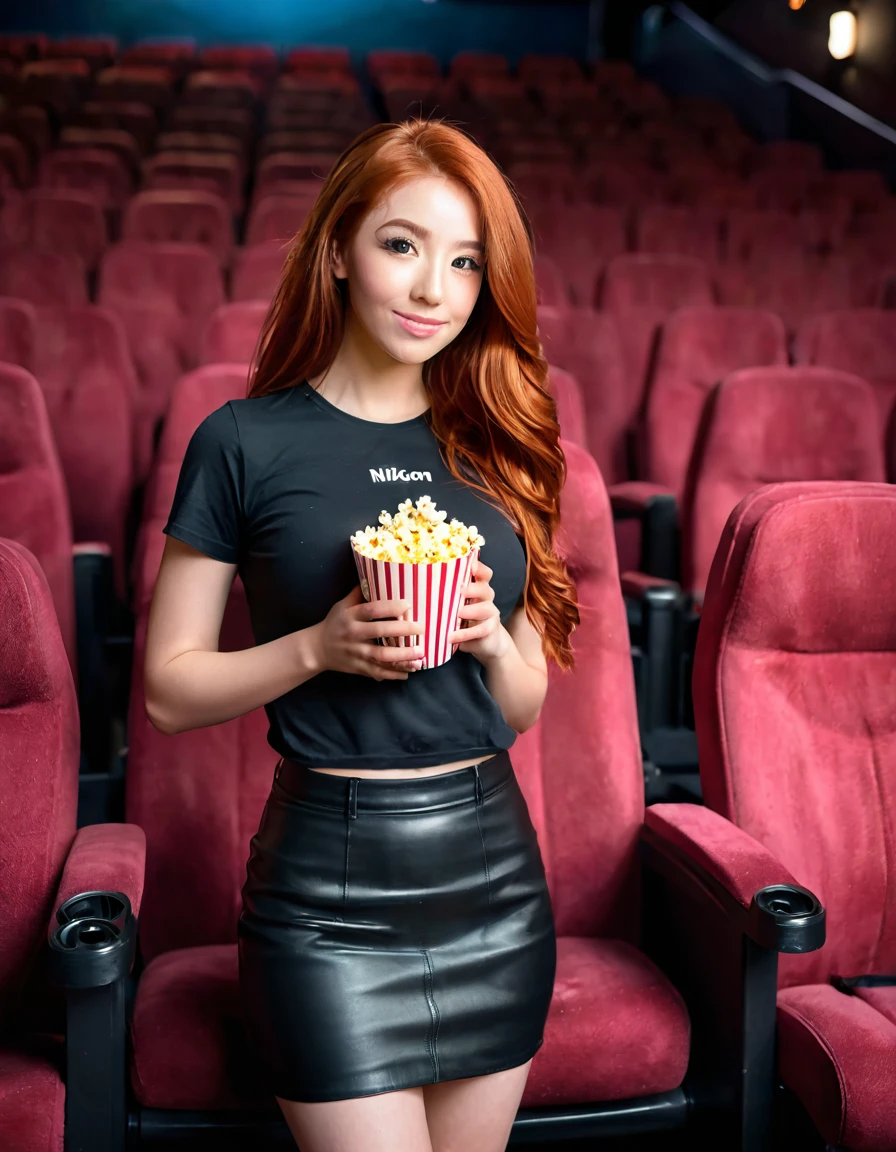 ultra realistic, photography, long red hair, girl, 24 years old, hourglass figure, perfect body, Flirty look, extremely detailed artgerm, in the style artgerm, natural breasts, facing the camera, Nikon z fx, lens 35 mm, blur background, at the movie theatre, cute pink t-shirt, short black skirt, popcorn in her hands