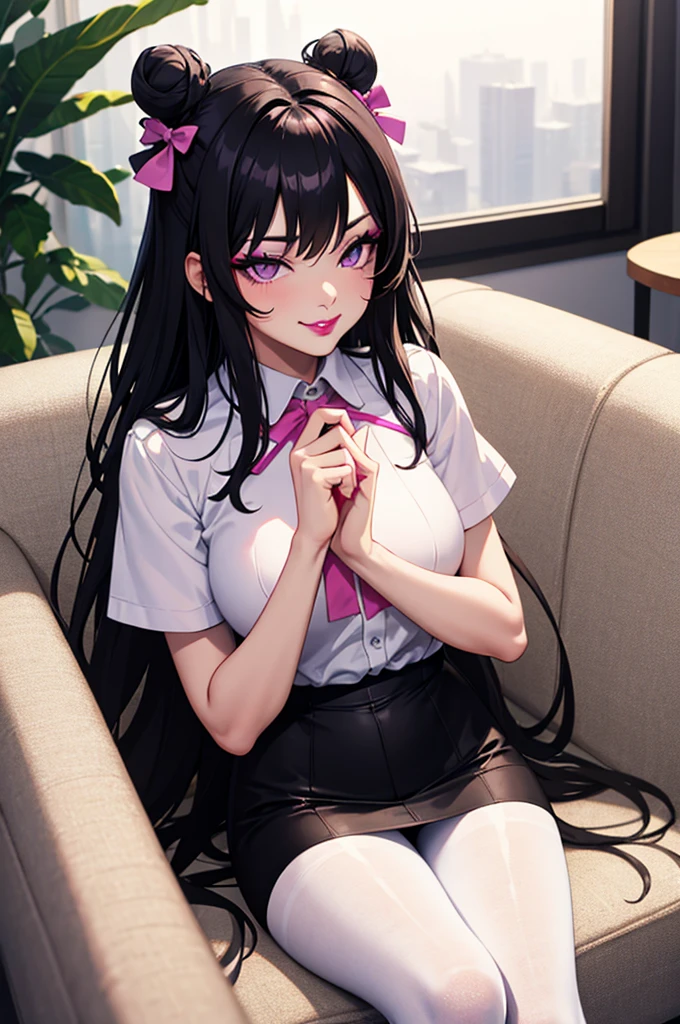 masterpiece, best quality, high quality, 4k, highres, anime, 1girl, 19 years old, purple eyes, colored lips, purple lips, pink eyeliner, makeup, long black hair with hair buns, pink bows on hair, smirk, white blouse, short sleeves, black pantyhose, pantsushot, on the sofa, sexy