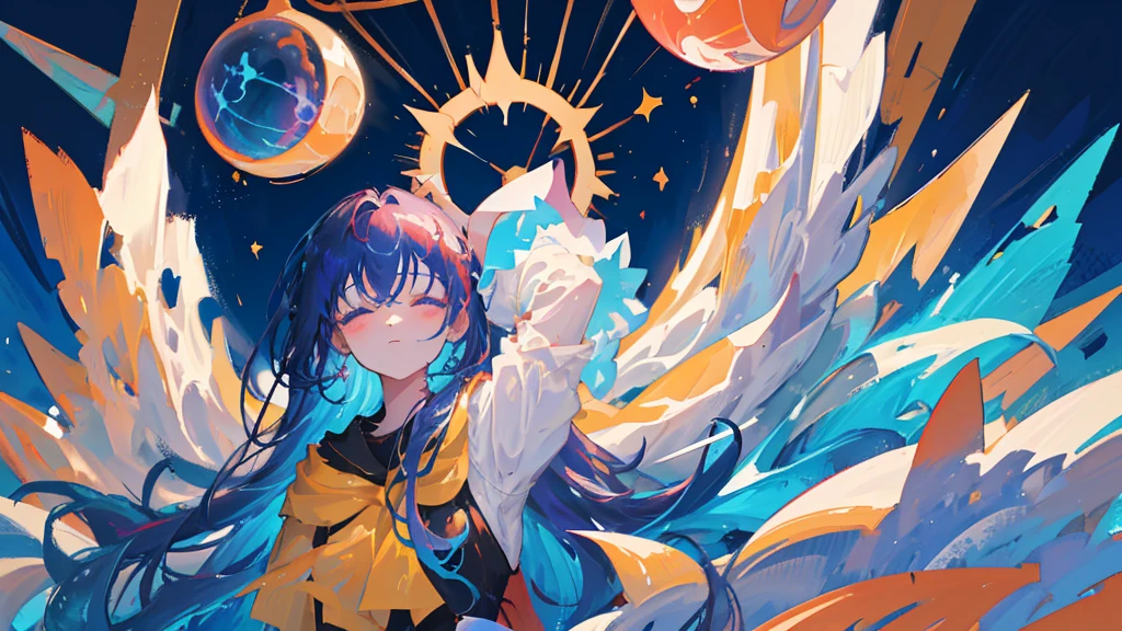 In the silent immensity of space, a young girl floats peacefully, asleep. Her hair, a vibrant cascade of red and blue, floats around her face like cosmic flames, slowly undulating in weightlessness. Her face is relaxed, full of serenity, while distant stars twinkle gently through the large window pane next to her. The infinite darkness of the universe contrasts with the vibrant colors of her hair, creating a scene that is both mysterious and enchanting. She seems to be in perfect harmony with the infinity that surrounds her, a dreamlike being lost in the eternal embrace of space.sleeping