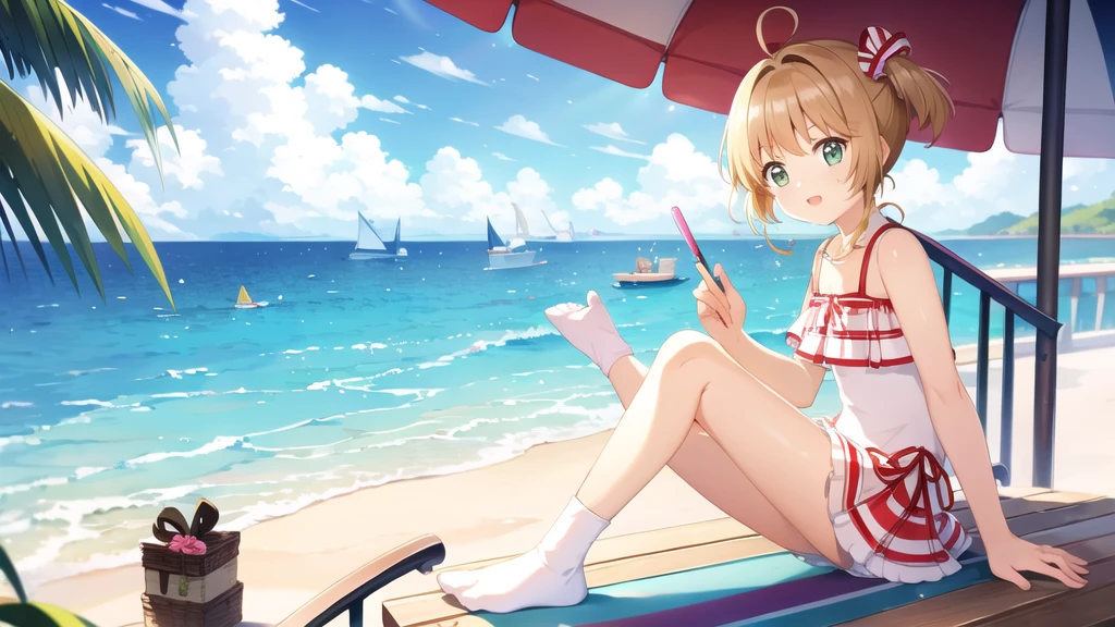 masterpiece, Highest quality, wallpaper, One girl, alone,Swimwear, socks, Both sides up, summer、Seaside