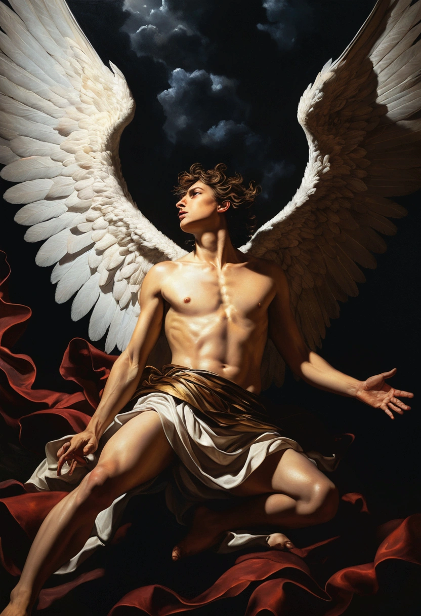 a fallen angel in a night battle, dueling with a human, many people, oil painting, descending from heaven, masterpiece, vivid, Caravaggio, 8K, angelic, dramatic lighting, intricate details, highly detailed, cinematic, intense, epic, dramatic poses, expressive faces, chiaroscuro, deep shadows, warm colors, glowing highlights, ethereal, transcendent, powerful, mesmerizing, breathtaking