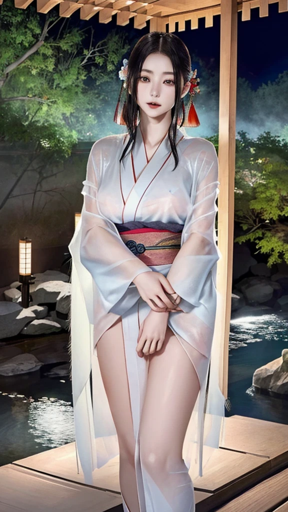 ((Waterfall basin on a moonlit night)),((池の真ん中に立つbeautiful女性)),((beautiful half-naked woman in a beautiful waterfall basin)), ((Sharp and captivating eyes))、((Sexy))、(((See-through kimono:1.3)))、((Kimono made of thin cloth wet with water:1)), Pale skin、(((One Girl:1))), ((Pale skin))、憂鬱なbeautiful顔、beautiful expression、Sexy顔、Swollen nipples, (((Lower Breast)))、(((beautiful breasts ))), beautiful 、Knee-high boots、Super detailed face、Delicate eyes、(double eyelid)、 (((1. Japanese women)))、 Beauty, 20-year-old,((See-through kimono)), (Show off by wearing Japanese revealing clothes),