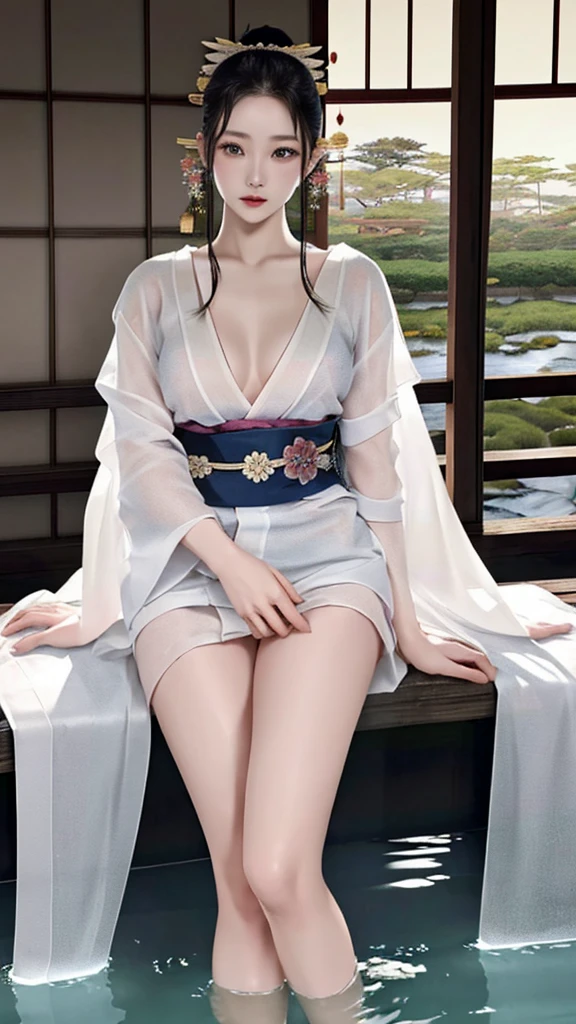 ((Waterfall basin on a moonlit night)),((池の真ん中に立つbeautiful女性)),((beautiful half-naked woman in a beautiful waterfall basin)), ((Sharp and captivating eyes))、((Sexy))、(((See-through kimono:1.3)))、((Kimono made of thin cloth wet with water:1)), Pale skin、(((One Girl:1))), ((Pale skin))、憂鬱なbeautiful顔、beautiful expression、Sexy顔、Swollen nipples, (((Lower Breast)))、(((beautiful breasts ))), beautiful 、Knee-high boots、Super detailed face、Delicate eyes、(double eyelid)、 (((1. Japanese women)))、 Beauty, 20-year-old,((See-through kimono)), (Show off by wearing Japanese revealing clothes),