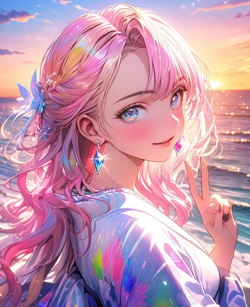 8K,gal,an extremely delicate and beautiful,Beautiful and realistic skin,Shiny jewel-like earrings,Long colorful hair,beautiful eyes,do a peace sign,beautiful sunset