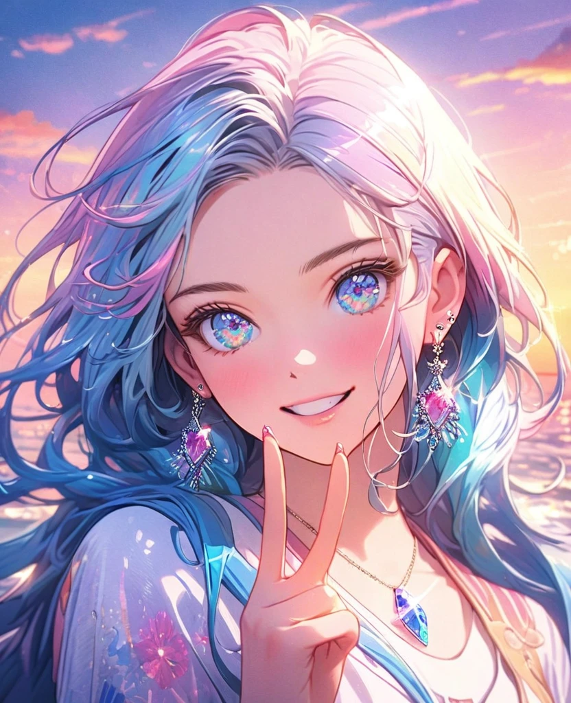 8K,gal,an extremely delicate and beautiful,Beautiful and realistic skin,Shiny jewel-like earrings,Long colorful hair,beautiful eyes,do a peace sign,beautiful sunset