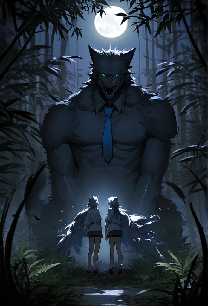 A dramatic, cinematic nighttime scene in a mysterious jungle, where a pair of 20-year-old twins, unexpectedly revealed as magical warriors, stand valiant and ready to face a pack of menacing wolf-like monsters. The twin brother, a charismatic hero, is dressed in his - a crisp half-sleeve shirt, a tie knotted neatly around his neck, and a pair of shorts with socks pulled up to his knees, an odd juxtaposition against the backdrop of the wild. His sister, equally fierce and nimble, wears a short-sleeved shirt and a mini skirt that allows for swift movement as she wields her magical red glowing bow, a quiver of arrows slung over her shoulder. The siblings' eyes are locked onto the snarling beasts that prowl around them, their gazes filled with determination and a hint of surprise. The brother, armed with a majestic blue glowing sword, holds it aloft, the blade casting eerie shadows and a comforting light in the surrounding darkness. The monsters, with fur bristling and eyes aglow with malicious intent, encircle the duo, their massive forms weaving in and out of the dense foliage. The air is thick with tension as the twins stand back to back, their trust in each other unshaken. The magical aura of their weapons illuminates the scene, creating an ethereal dance of light and shadow that pierces the inky blackness of the jungle night. The twins' school emblem, a symbol of knowledge and unity, gleams faintly on the brother's shirt, serving as a stark reminder of the world they left behind to embrace their extraordinary destinies. Despite the danger, there's a sense of unity and unyielding spirit between them, hinting at the deep bond that fuels their courage. The scene is framed with an overhanging canopy of leaves, the moon peeking through to cast a silvery glow on the battle about to unfold, as the twins prepare to unleash their arcane powers to protect their realm from the encroaching horrors of the night.