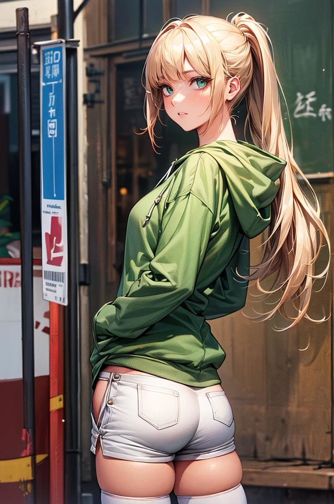 ((perfect anatomy:1.5,realistic,:1.3,RAW Photography:1.3,masterpiece、highest quality、Ultra - High resolution、High resolution、Highly detailed CG、8K)),cowboy shot,1 female,solo,20 year old beauty,(beautiful detailed face and eyes,big and gorgeous eyes),dark blue eyes,(blonde hair,ponytail hair,long hair,bangs),(medium breasts,slender body,small head,skinny, gleaming skin,oily skin,shiny skin)、standing position,((yellow-green hooded sweatshirt,Oversized hooded sweatshirt,Length that covers the buttocks:1.3、micro shorts、white_thighhighs)),bustling street、graffiti、Tokyo、
