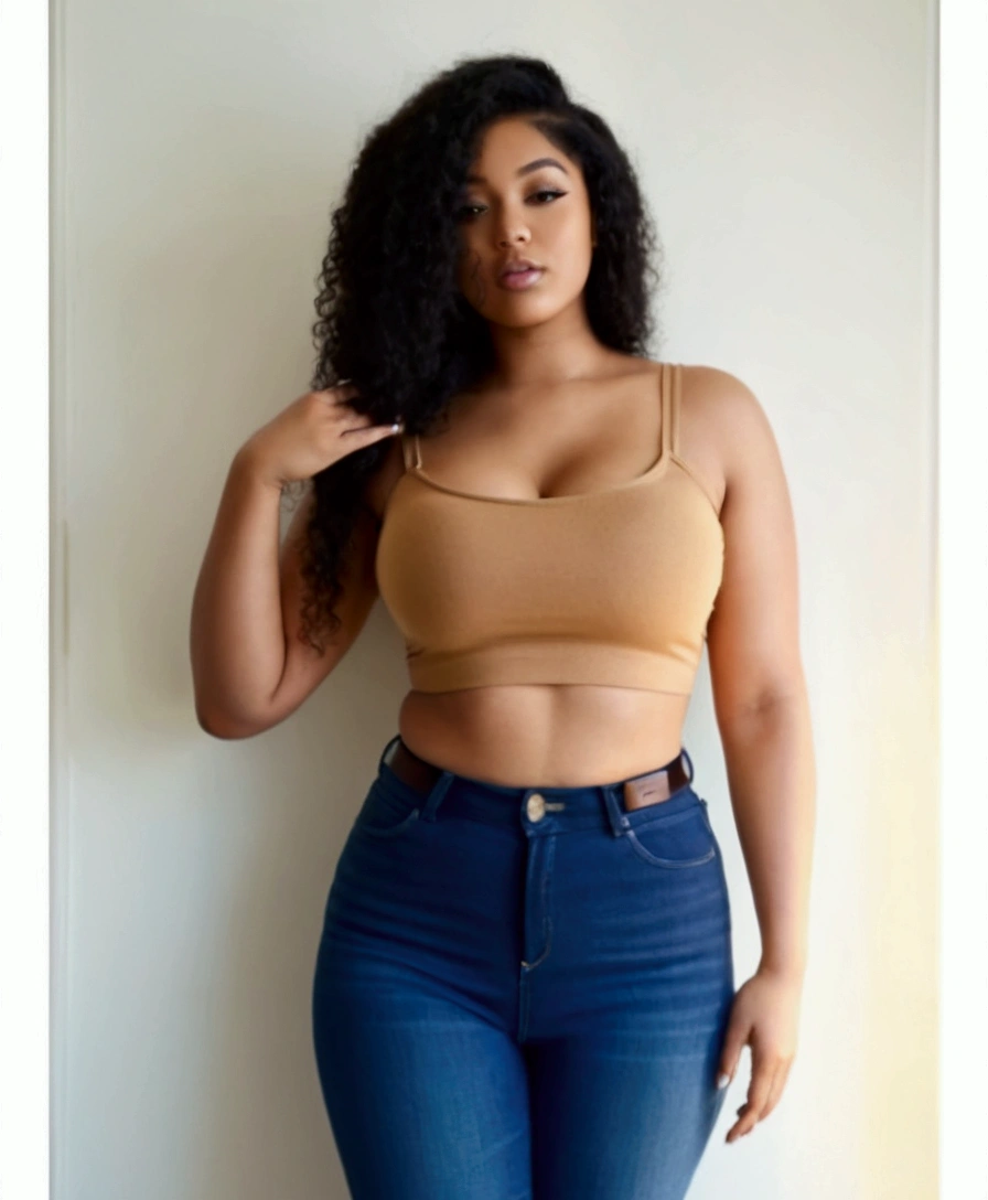 a close up of a woman in jeans and a top, wearing tight simple clothes, skinny waist and thick hips, curvy model, wearing crop top, thicc, curvy, her wardrobe is attractive, curvy hourglass figure, curvy figure, she has a jiggly fat round belly, sexy look, crop top, her belly button is exposed, leaked image