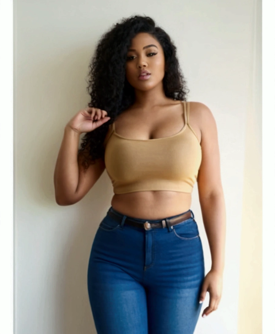 a close up of a woman in jeans and a top, wearing tight simple clothes, skinny waist and thick hips, curvy model, wearing crop top, thicc, curvy, her wardrobe is attractive, curvy hourglass figure, curvy figure, she has a jiggly fat round belly, sexy look, crop top, her belly button is exposed, leaked image