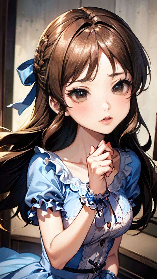 (high quality、High resolution、超High resolution,4k、8k)、pretty girl、10th Generation、Long eyelashes、Big eyes、Clear Eyes、Cherry-colored cheeks、(Anatomically correct)、well-proportioned body、Sharp body、Beautiful clavicle、French Braid、( Beautiful Lolita Dresses:1.4,Cute with frills)、Digital Painting,
