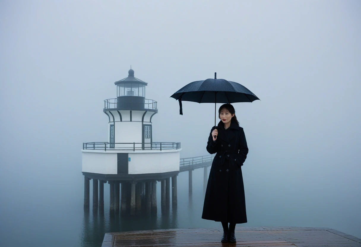 Beautiful 36 year old Korean woman, 짧은 middle 머리, Black coat, 멀리 Fog속 lighthouse, cool,rain,blur,Fog,middle,cool,boring,,pier,only,lighthouse,Coast, with a black umbrella far away, The dim light shines in the Fog,and the figure stands in the Fog holding . Full body shot with Canon Camera 16-35 wide angle lens