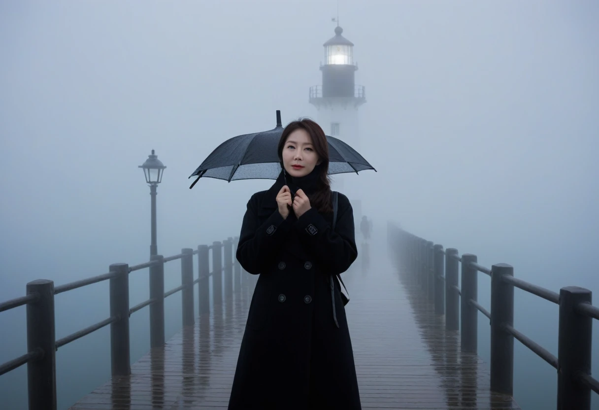 Beautiful 36 year old Korean woman, 짧은 middle 머리, Black coat, 멀리 Fog속 lighthouse, cool,rain,blur,Fog,middle,cool,boring,,pier,only,lighthouse,Coast, with a black umbrella far away, The dim light shines in the Fog,and the figure stands in the Fog holding . Full body shot with Canon Camera 16-35 wide angle lens