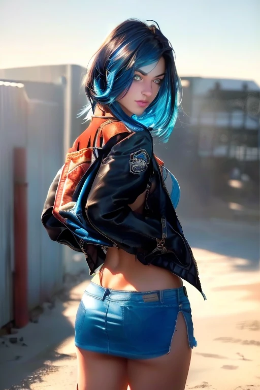 Kate, short black hair with blue highlights, looking at the viewer, blue eyes, perfect and sensual body, ((tanned young woman)) , cowboy photo, from behind, Hyperrealism, cinematic lighting, Hyperrealism , best quality, high resolution, 8K