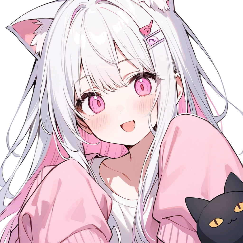 long hair, White hair, pink inner hair, open mouth, smile, flustered, Illustration where the pupil does not overlap the lower lash line, The lower half of the eye is white, vacant eyes, pink eyes, oversized clothes, sleeves past wrists, , pink cardigan, pink ribbon, piercing, stuffed animal, White background, 1girl, cat ear,solo, hairpin,Take a picture herself