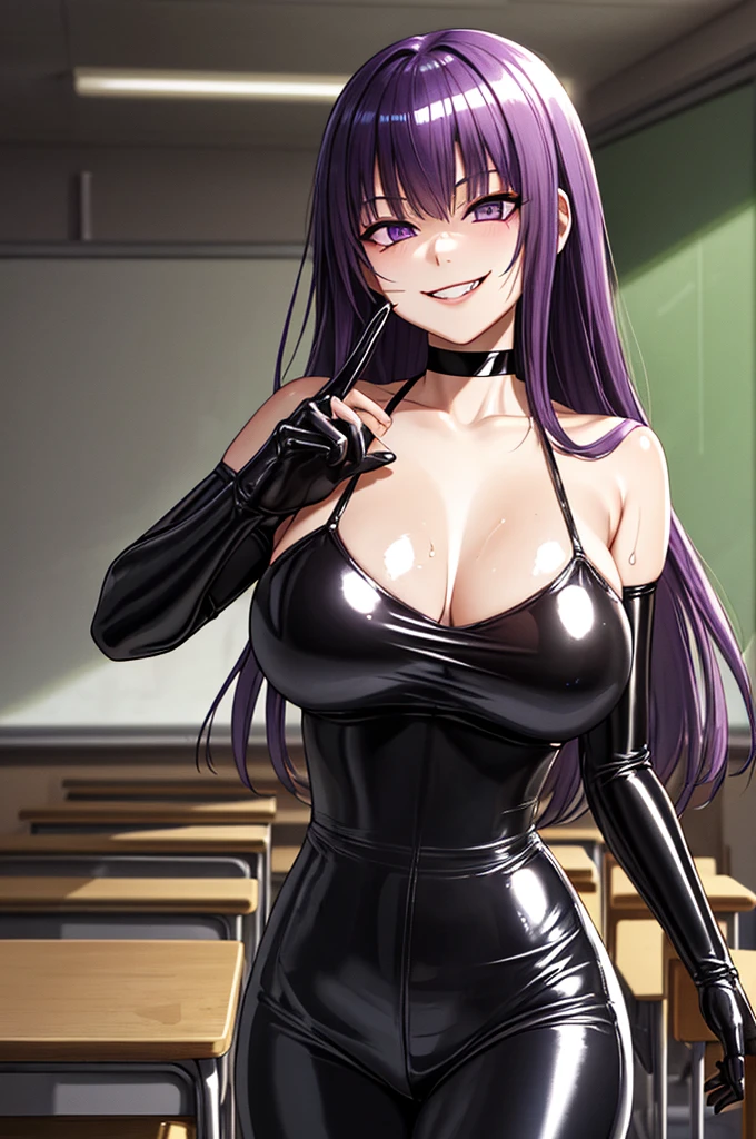 Purple Hair, Long Hair, Purple eyes, Large Breasts, 
classroom, indoor, alone, Upper Body, 
It&#39;s the shoulder., Black PVC costume, (black pvc serafuku:1.3), (Black PVC Pleated Skirt:1.1), Black PVC Elbow Gloves, Black PVC thigh-high boots, (Garter Straps:1.2), 
Wicked Smile, 
Shiny Hair, Shiny skin,,,Dark shadowed face,Sadistic smile,Malice,Contempt,smile,latex,Bad face,,,two hands,two legs,five fingers,evil background,elbow gloves,latex, Wicked Smile, devilish aura (Shiny fabric:1.5),Dark world background,独奏,