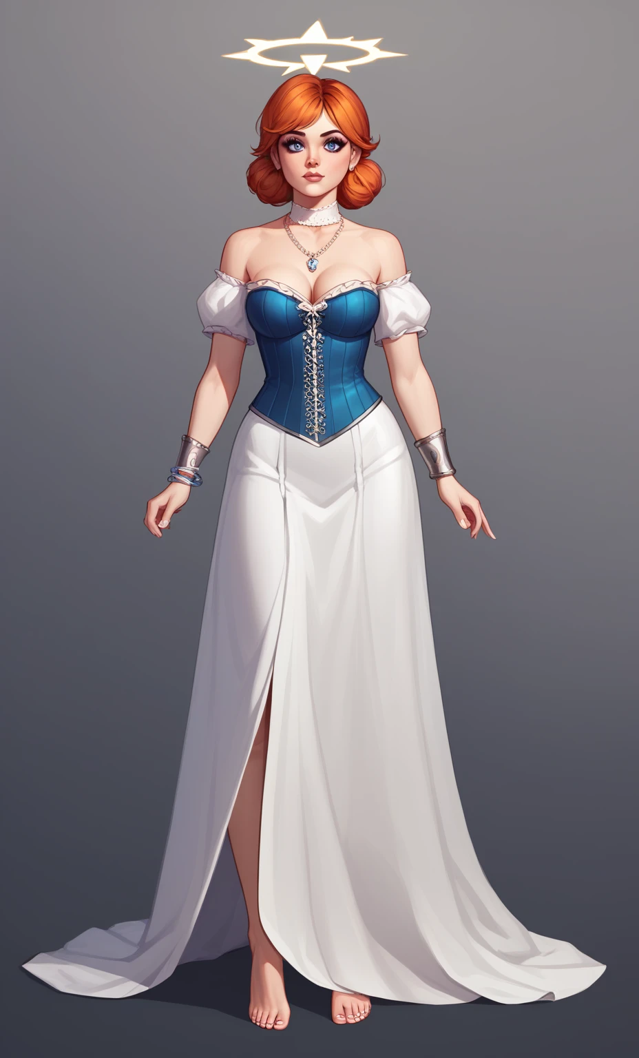check_9, check_8_up, check_7_up, check_6_up, check_5_up, check_4_up, SorakaLoLXL, masterpiece, Best quality, A high resolution, bbandro, rainbow medieval girl, concept, halo overhead, full length, standing on my feet, feet in silver bracelets, dressed, beautiful big eyes,