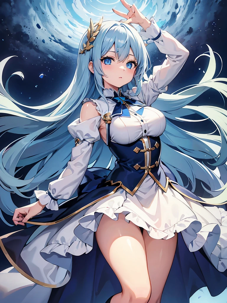 masterpiece,high quality,(full body 1.2),animated standing portrait, white cape and blue shirt,(blue hair 1.4),anime girl with long blue hair and blue eyes,(detailed eyes 1.6),(clear eyes 1.4),(beautiful eyes 1.4),(shining eyes 1.4),white cyan, from arc knights, blue hair, shining blue eyes, blue eyes, detailed key animated art, animated portrait, shining blue eyes, Pixiv digital art, blue haired girl, blue white hair, frilly skirt, thighs, 4K