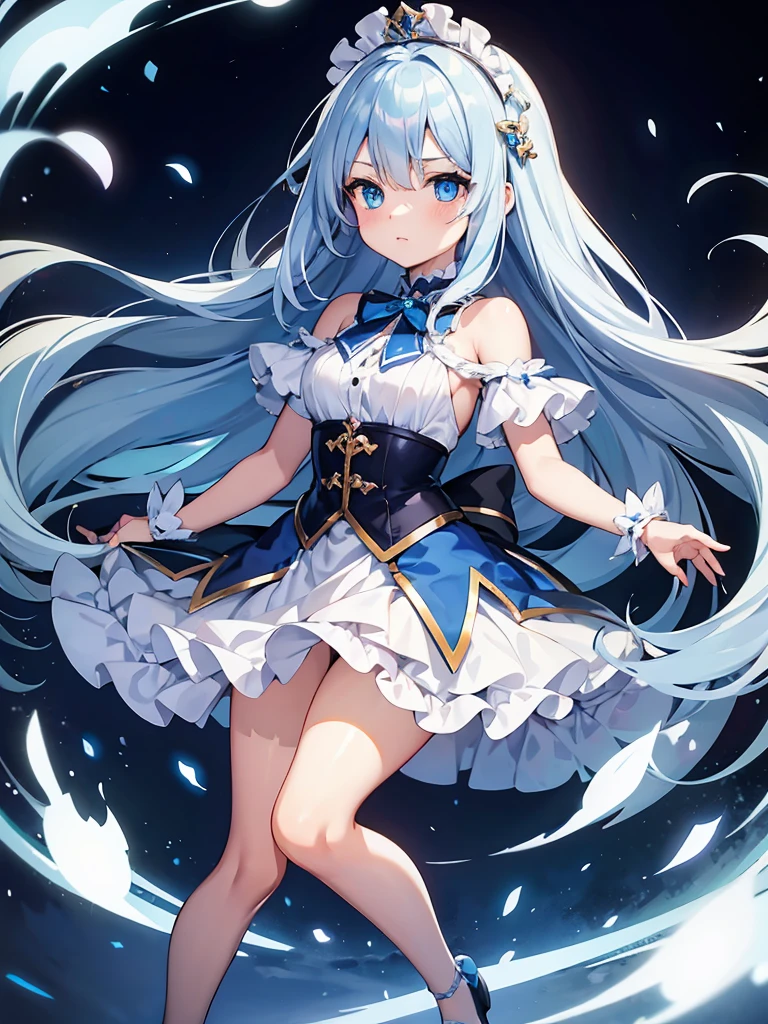 masterpiece,high quality,(full body 1.2),animated standing portrait, white cape and blue shirt,(blue hair 1.4),anime girl with long blue hair and blue eyes,(detailed eyes 1.6),(clear eyes 1.4),(beautiful eyes 1.4),(shining eyes 1.4),white cyan, from arc knights, blue hair, shining blue eyes, blue eyes, detailed key animated art, animated portrait, shining blue eyes, Pixiv digital art, blue haired girl, blue white hair, frilly skirt, thighs, 4K