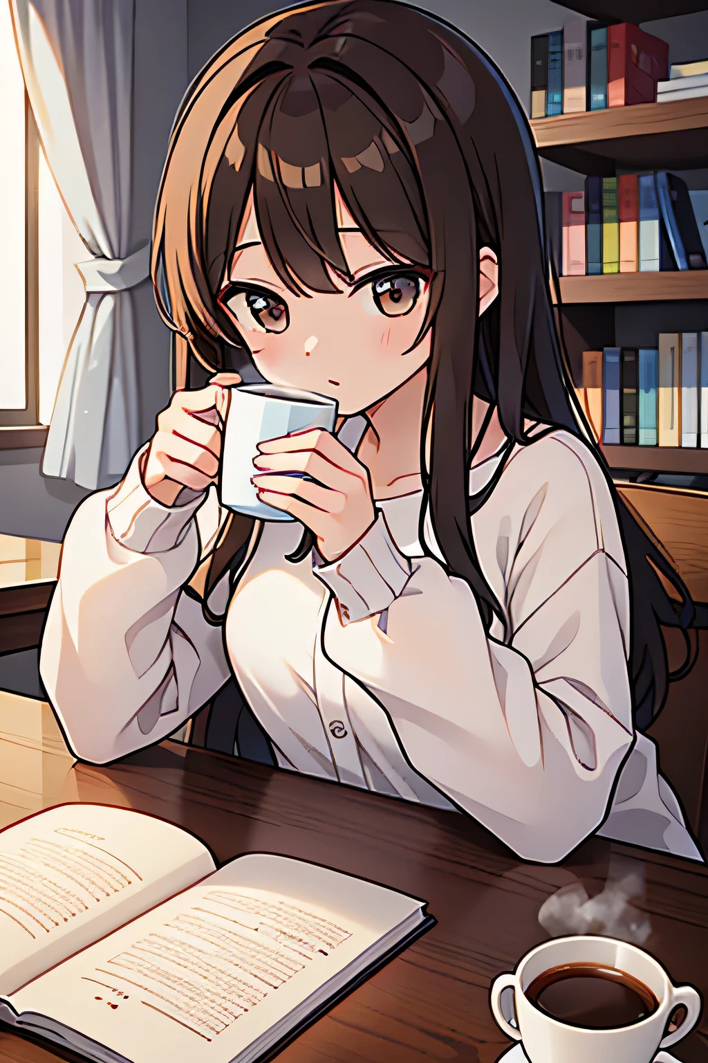 20-year-old women、cute、cute hairstyle、Brown Hair、Black Hair、There is a cup of coffee on the desk、Elegant Morning、one&#39;s home