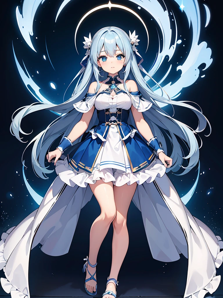 masterpiece,high quality,(full body 1.2),animated standing portrait, white cape and blue shirt,(blue hair 1.4),anime girl with long blue hair and blue eyes,(detailed eyes 1.6),(clear eyes 1.4),(beautiful eyes 1.4),(shining eyes 1.4),white cyan, from arc knights, blue hair, shining blue eyes, blue eyes, detailed key animated art, animated portrait, shining blue eyes, Pixiv digital art, blue haired girl, blue white hair, frilly skirt, thighs, 4K