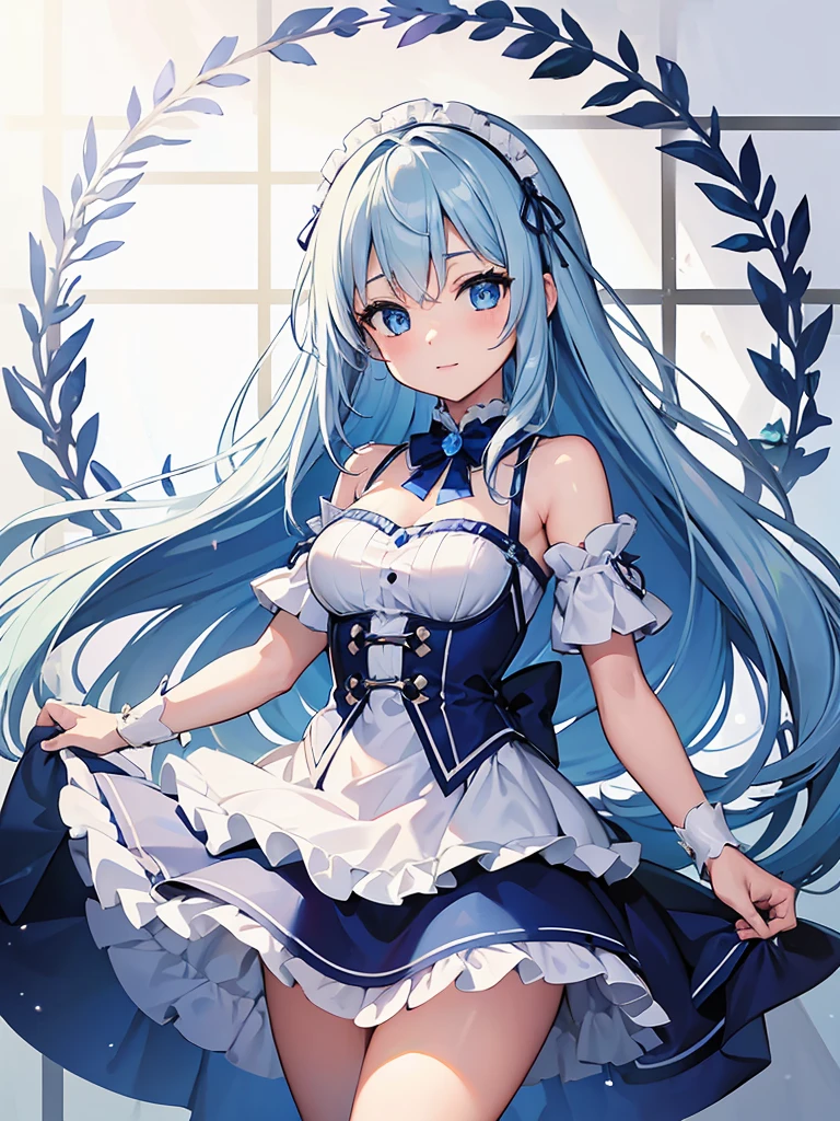 masterpiece,high quality,(full body 1.2),animated standing portrait, white cape and blue shirt,(blue hair 1.4),anime girl with long blue hair and blue eyes,(detailed eyes 1.6),(clear eyes 1.4),(beautiful eyes 1.4),(shining eyes 1.4),white cyan, from arc knights, blue hair, shining blue eyes, blue eyes, detailed key animated art, animated portrait, shining blue eyes, Pixiv digital art, blue haired girl, blue white hair, frilly skirt, thighs, 4K