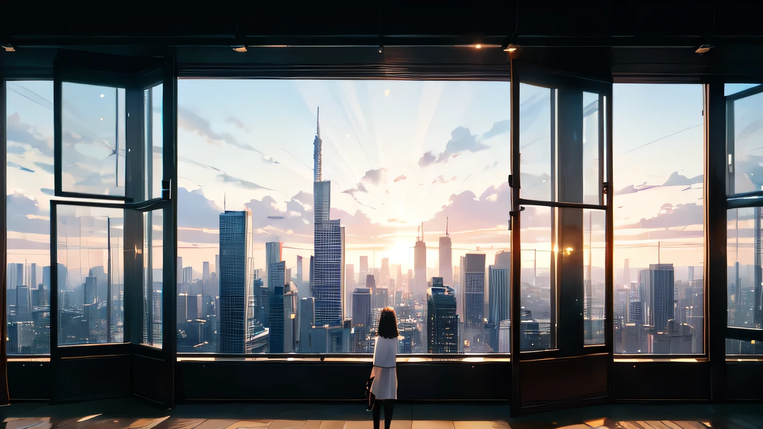 ((best quality)), ((masterpiece)), (detailed),  the bright city scene, through the glass window, in the morning, the city has tall skyscrapers, the sky is full of sparkling stars, not seeing his face.