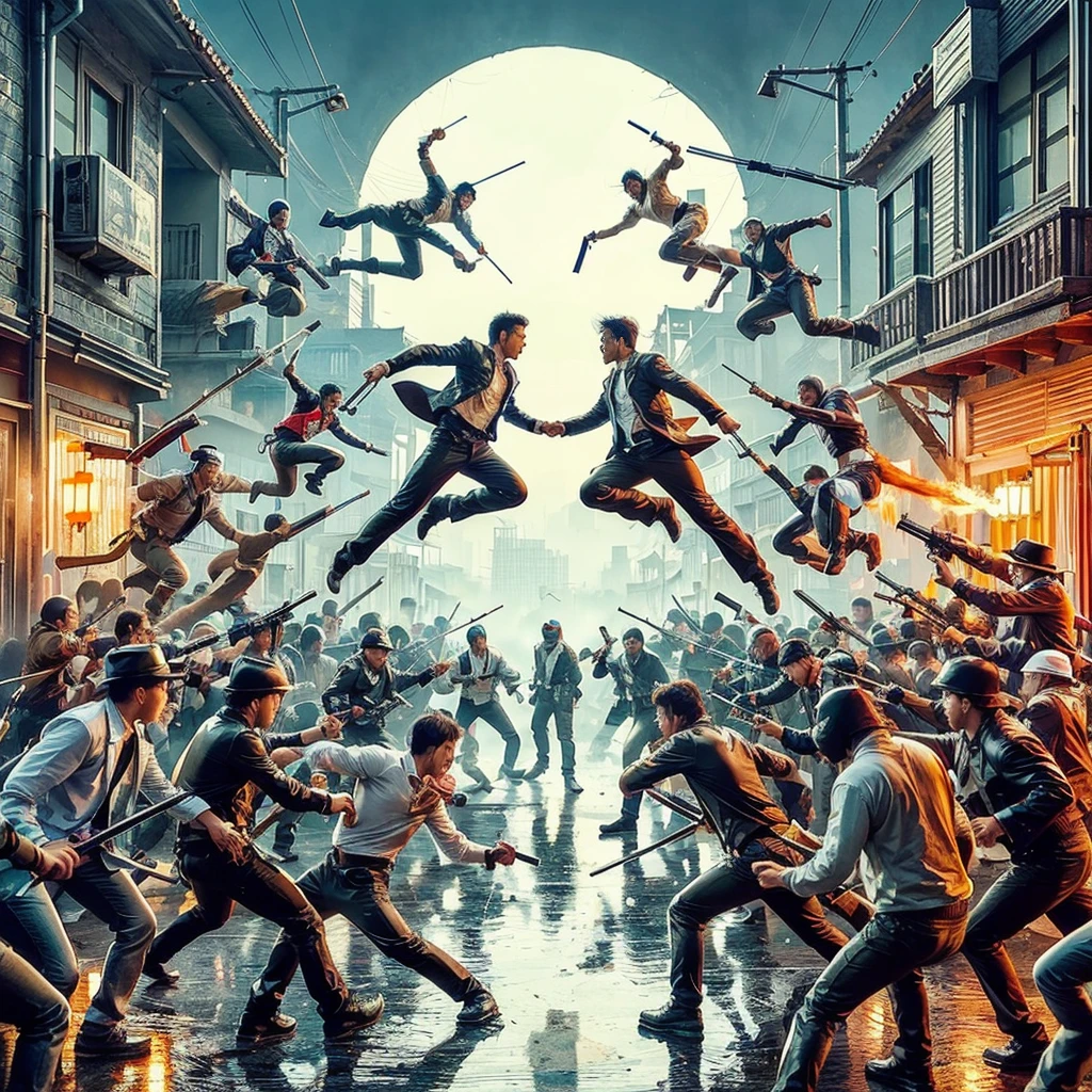 the fight between the black-faced triad gangs, against the white-coated triad gangs on the outskirts of China, you can see the two gangs are very numerous and attack each other, the two groups fight very epicly