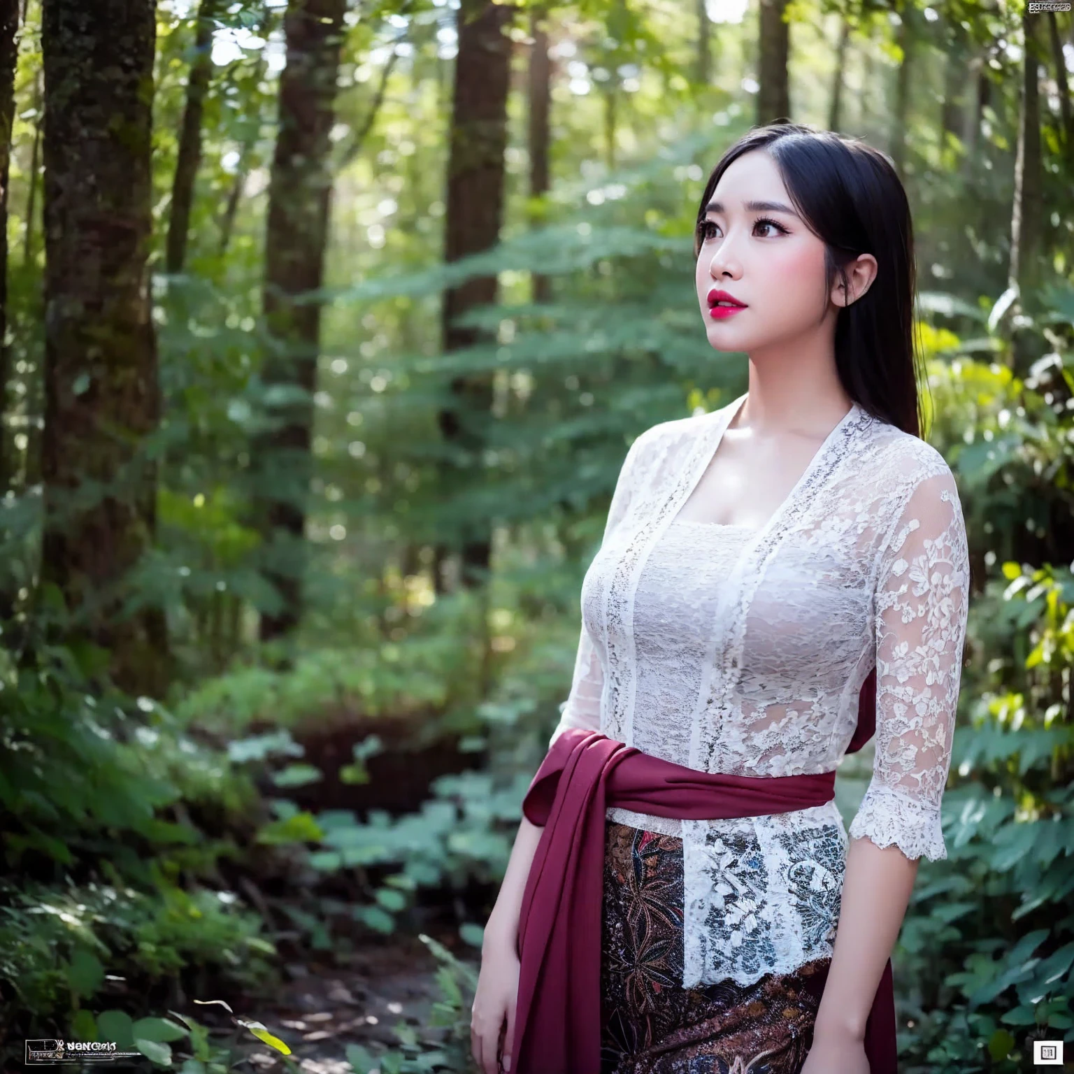 Create a photorealistic masterpiece of a beautiful woman with long hair wearing traditional Indonesian kebaya attire. Set her against a dark, forest backdrop with a captivating glow in the background and bokeh effect. Ensure the image quality is 8K with ultra-realistic details.,kebaya,kebaya indonesia