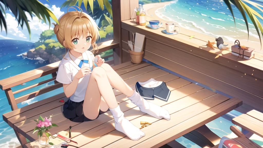 masterpiece, Highest quality, wallpaper, One girl, alone,summer服を着た, socks, Both sides up, summer、Seaside