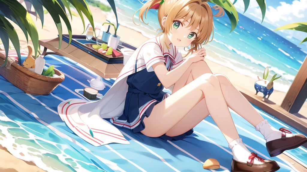 masterpiece, Highest quality, wallpaper,  One girl, alone,summer服を着た, socks, Both sides up, summer、Seaside